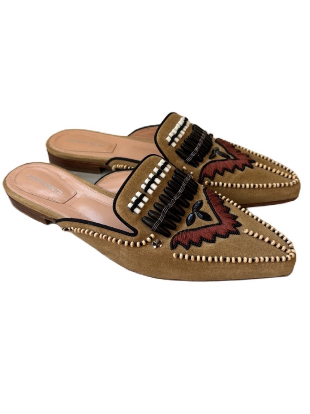 Alberta Ferretti Beaded Mules Tan Native American Leather Slip On Size 37.5 Sz 7